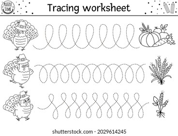 Vector Thanksgiving handwriting practice worksheet. Autumn printable black and white activity for pre-school children. Fall tracing game for writing skills with cute turkeys and harvest
