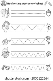 Vector Thanksgiving handwriting practice worksheet. Autumn printable black and white activity for pre-school children. Fall tracing game for writing skills with cute forest animals, birds, insects
