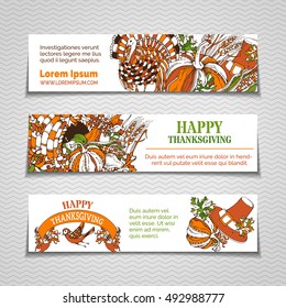 Vector Thanksgiving horizontal banners set. Pumpkin, turkey, cornucopia, pilgrim's hat, wheat, corn, sunflower, grape, apple and pear, bird, autumn leaves. Orange, green and white harvest fall symbols
