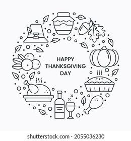 Vector Thanksgiving icons in a circle shape isolated on white for holiday card