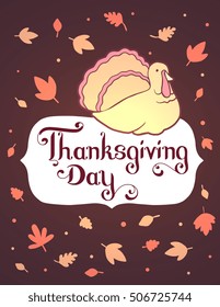 Vector thanksgiving illustration with gradient turkey bird and text thanksgiving day in frame on dark background with leaves. Flat line art style design for card, poster, web, site, banner, print