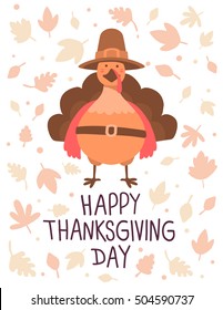 Vector thanksgiving illustration with orange turkey bird in brown hat and text happy thanksgiving on white background with leaves. Flat style celebration design for greeting card, poster, web, site