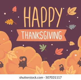 Vector thanksgiving illustration with pumpkins and text happy thanksgiving with autumn leaves on dark background. Flat hand drawn style design for greeting card, poster, web, site, banner, print