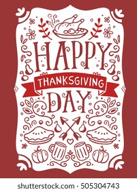 Vector thanksgiving illustration with roasted turkey, vegetables, leaves and text happy thanksgiving day on white background. Flat hand drawn line art style design for card, poster, web, site, banner