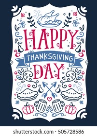 Vector thanksgiving illustration with roasted turkey, vegetables, leaves and text happy thanksgiving day on white background. Flat hand drawn line art style design for card, poster, web, site, banner