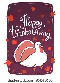 Vector thanksgiving illustration with turkey bird and text happy thanksgiving on dark background with leaves. Flat style celebration design for greeting card, poster, web, site, banner, print