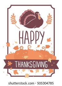 Vector thanksgiving illustration with turkey bird, pumpkins and text happy thanksgiving on white background with leaves, frame. Flat style celebration design for card, poster, web, site, banner, print