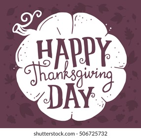 Vector thanksgiving illustration with white pumpkin and text happy thanksgiving day with autumn leaves on dark background. Flat style celebration design for greeting card, poster, web, site, banner