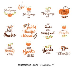 Vector Thanksgiving lettering elements for invitations or festive greeting cards. Handwritten calligraphy set: Grateful Thankful Blessed Give thanks Autumn design for greeting prnit with pumpkin