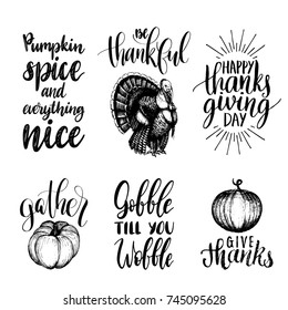 Vector Thanksgiving lettering with illustrations for invitations or festive greeting cards. Handwritten calligraphy set of Be Thankful, Gather etc.