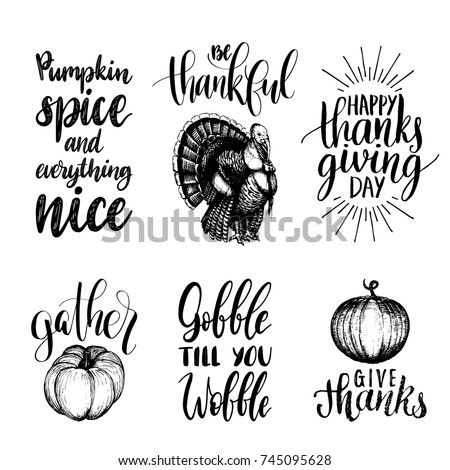 Vector Thanksgiving lettering with illustrations for invitations or festive greeting cards. Handwritten calligraphy set of Be Thankful, Gather etc.