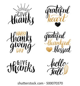 Vector Thanksgiving lettering for invitations or festive greeting cards. Handwritten calligraphy set:Grateful Heart, Hello Fall etc.