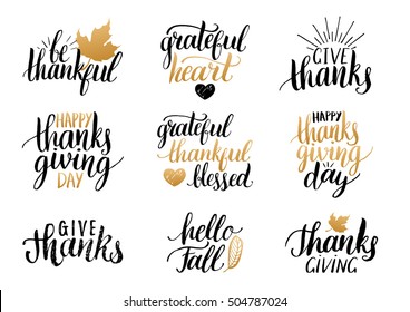 Vector Thanksgiving lettering for invitations or festive greeting cards. Handwritten calligraphy set: Grateful Heart, Hello Fall etc.