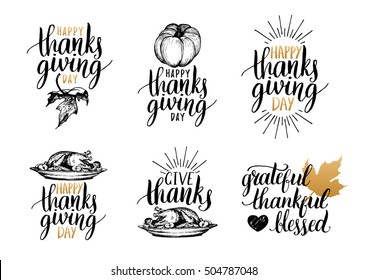 Vector Thanksgiving lettering for invitations or festive greeting cards. Handwritten calligraphy set: Grateful Thankful Blessed etc.