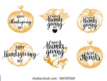 Vector Thanksgiving lettering for invitations or festive greeting cards. Handwritten festive calligraphy set.