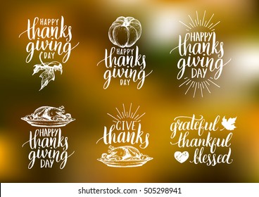 Vector Thanksgiving lettering for invitations or festive greeting cards. Handwritten calligraphy set: Grateful Thankful Blessed etc.