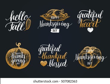 Vector Thanksgiving lettering for invitations or festive greeting cards. Handwritten calligraphy set: Grateful Heart, Hello Fall etc.