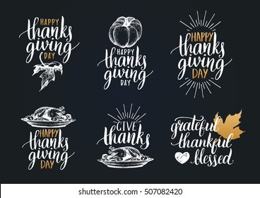 Vector Thanksgiving lettering for invitations or festive greeting cards. Handwritten calligraphy set: Grateful Thankful Blessed etc.