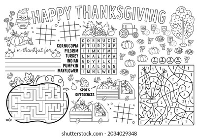 Vector Thanksgiving placemat for kids. Fall holiday printable activity mat with maze, tic tac toe charts, connect the dots, find difference. Black and white autumn play mat or coloring page
