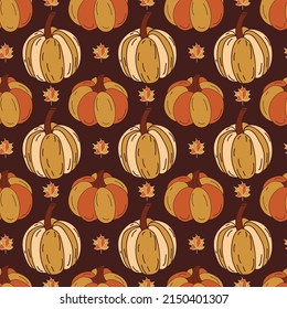 Vector Thanksgiving pumpkin and leaf seamless repeat pattern background. Vector illustration