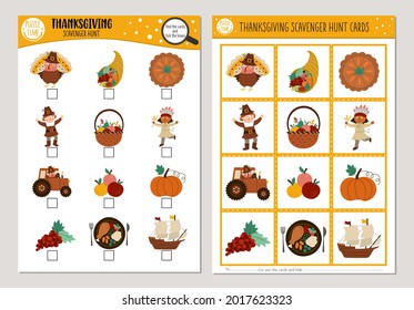 Juego de tarjetas de caza de vectores de pergaminos de Acción de Gracias. Busca y encuentra juego con pavo lindo, calabaza, peregrino para los niños. Actividad de búsqueda de vacaciones en otoño. Hoja de trabajo simple imprimible educacional.
