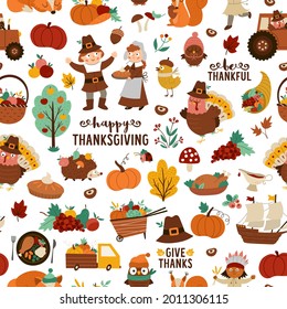 Vector Thanksgiving seamless pattern. Autumn repeat background with funny pilgrims, native American, turkey, animals, harvest, cornucopia, pumpkins, trees. Fall holiday digital paper
