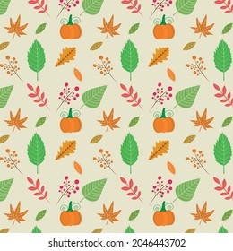 Vector Thanksgiving seamless pattern with pumpkin, berries, oak, maple and green leaves on light background. Great for autumn and thanksgiving greeting cards, textile and home décor 