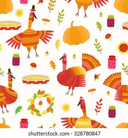 Vector Thanksgiving seamless pattern. Repeating autumn background. Illustration with turkey, acorns, jams, mushrooms, pumpkin, apple pie, oak leaves. 