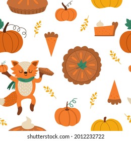 Vector Thanksgiving patrón sin fisuras con la tarta de calabaza tradicional. El pasado del otoño se repite con el postre, los cocineros y el camarero. Divertido papel digital con comida de vacaciones de otoño, zorro y esposa peregrina.
