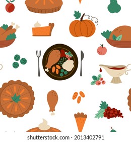 Vector Thanksgiving seamless pattern with traditional desserts and dishes. Cute funny repeat background with autumn holiday meal. Fall food digital paper with turkey, pumpkin pie
