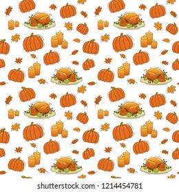 vector thanksgiving seamless pattern with turkey, pumpkin, candles and leaves