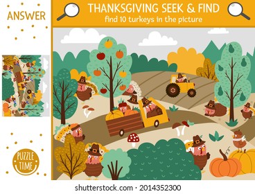 Vector Thanksgiving Searching Game With Cute Turkeys In The Farm Field. Spot Hidden Birds In The Picture. Simple Seek And Find Autumn Educational Printable Activity. Fall Holiday Family Quiz
