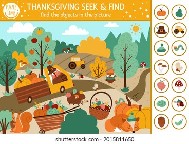 Vector Thanksgiving searching game with cute animals in the farm field. Spot hidden objects in the picture. Simple seek and find autumn educational printable activity. Fall holiday family quiz
