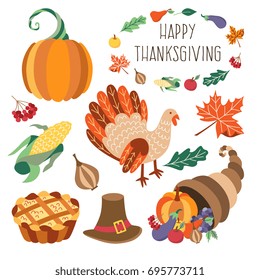 Vector thanksgiving set. Autumn, harvest and thanksgiving symbols - horn of planty, cornucopia, hat pumpkin apple pie, turkey leaves vegetables. Flat illustration isolated on a white background.