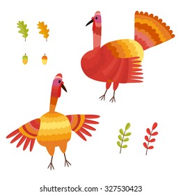 Vector Thanksgiving set. Collection with autumn signs: turkey, acorns, oak leafs. 