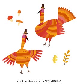 Vector Thanksgiving set. Collection with autumn signs: turkey, mushrooms, oak leaves. 