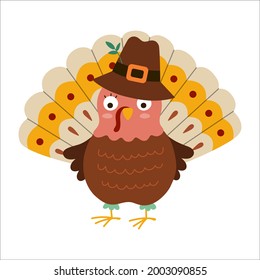 Vektor Thanksgiving-Truthahn in Pilgerhut. Herbstvogelsymbol. Herbsturlaubstier einzeln auf weißem Hintergrund
