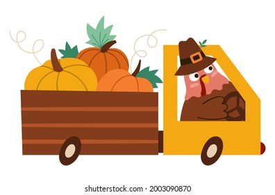 Vector Thanksgiving Turkey In Pilgrim Hat Driving A Car With Pumpkins. Autumn Bird Icon. Fall Holiday Animal In A Truck Isolated On White Background. Harvest Gathering Concept
