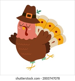 Vector Thanksgiving turkey in pilgrim hat. Autumn bird icon. Fall holiday dancing animal with closed eyes isolated on white background