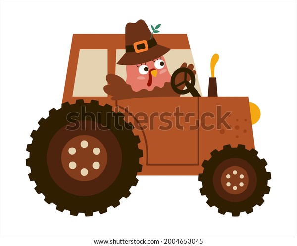 Vector Thanksgiving turkey in pilgrim\
hat. Autumn bird icon. Fall holiday animal driving tractor isolated\
on white background. Harvest gathering\
concept\
