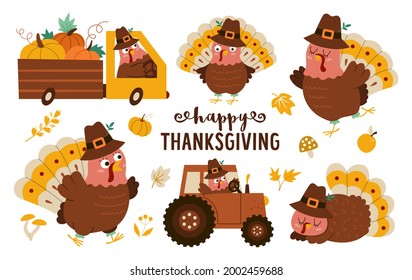 Vector Thanksgiving turkey set. x. Autumn birds icon. Fall holiday animal in pilgrim hat pack isolated on white background. Gobblers driving a car with pumpkins, tractor, sleeping, running