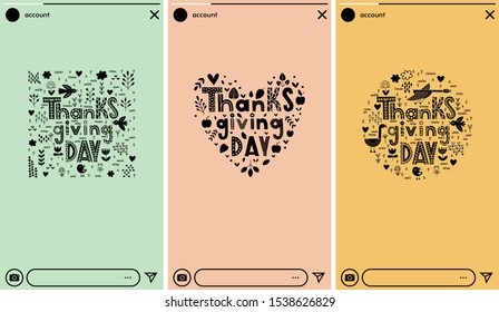 Vector Thanksgiving type typography in form of heart. Hand drawn vector lettering with stylized pumpkins, leaves and confetti on fall colors background. Thanksgiving stories design, web scroll banner.