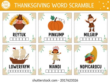 Vector Thanksgiving word scramble activity cards. English language game with cute turkey, pumpkin, pilgrim for kids. Autumn Fall holiday family quiz. Simple educational printable worksheet.
