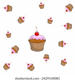 vector that forms a background with an image of cup cakes containing berries on top of the cake