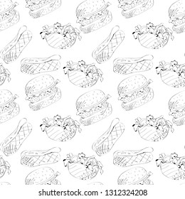 Vector that is wholly digitally created. Vector seamless pattern with fastfood elements: burger, hotdog, taco. Hand drawn. Sketch style.