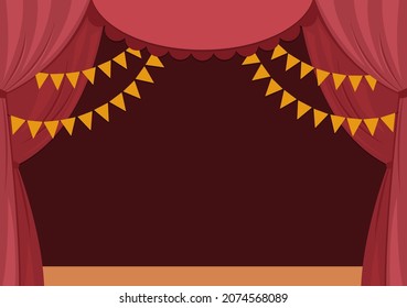 Teatro vectorial o escenario de circo con cortinas rojas, banderas y lugar de texto. Fondo de escena del concierto. La decoración de la sala plana. Presentación o diseño de tarjetas de vacaciones o espectáculos de entretenimiento
