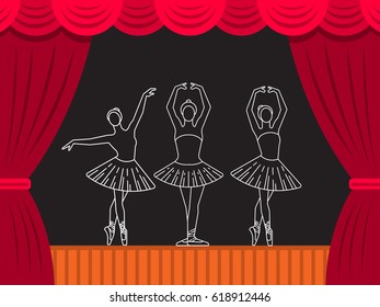 Vector theater scene which depicts the figure of a girl ballerina in a tutu in a dance position. Ballet vector illustration in flat style