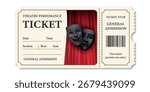 Vector Theater Ticket Template with Comedy and Tragedy Masks. Vintage Admit One Ticket. General Admission Ticket for Theater Performance, Concert, Opera, Festival, Stage Show
