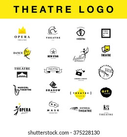 Vector theatre and ballet perfomance logo template design collection. Artistic and drama performance, spotlight insignia sample. Advertising icon, graphic design, leaflet, flyer and poster elements.