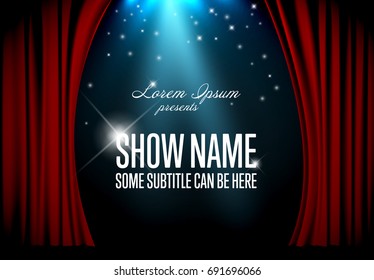 Vector theatre stage illustration with red curtain and spotlight